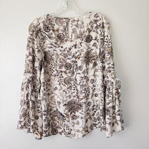 Rose + Olive Top Womens L Tan Gray Floral Tunic Office Workwear Cottagecore Boho